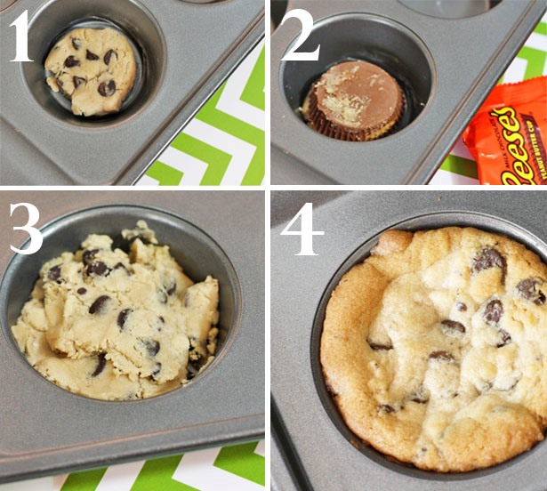 Chocolate chip reeces cup cookie steps