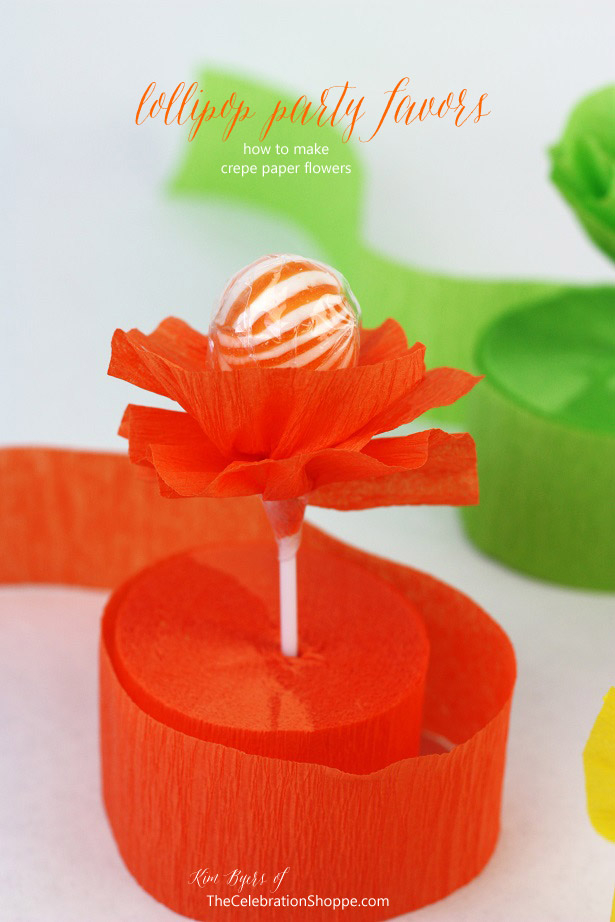 Crepe Paper Flower Lollipop Favor Tutorial | Kim Byers, TheCelebrationShoppe.com