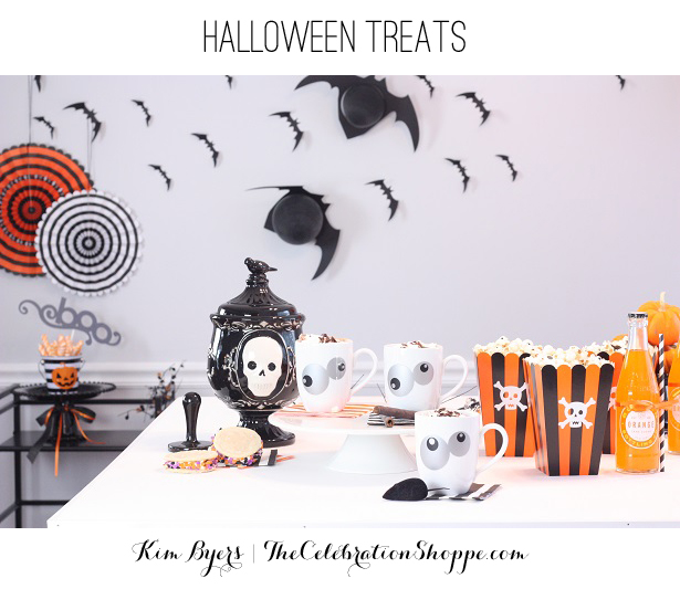Halloween Treats - haunted hot cocoa, poisonous popcorn and skull sandwich cookies | Kim Byers, TheCelebrationShoppe.com